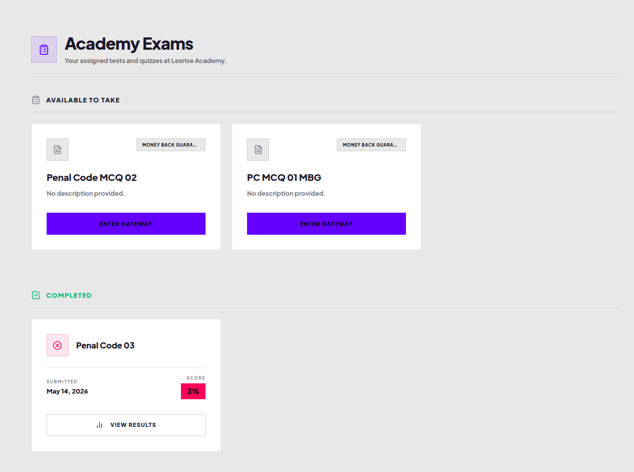Student   Exam listing page