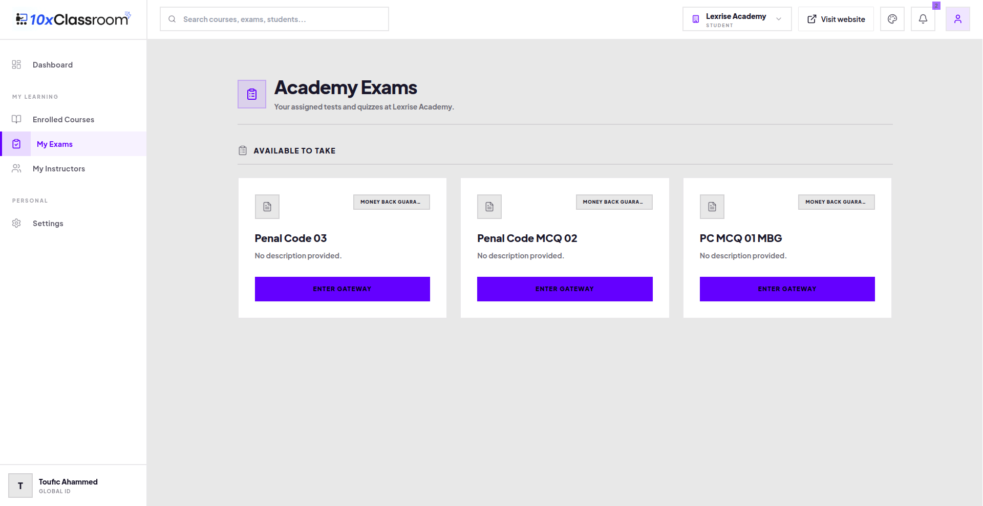 Student exam list page